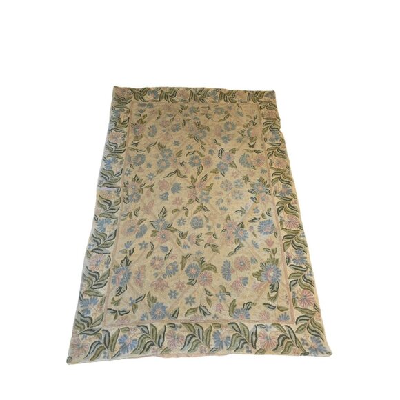 Vintage Floral Wool & Cotton Tapestry Rug 60"x 45" Kashmiri Chain Stitch - Picture 2 of 3